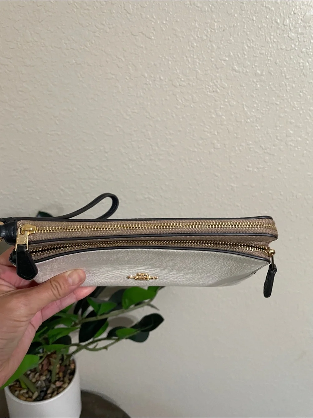 Coach Pebbled Leather Wristlet Clutch - White and Taupe Trim